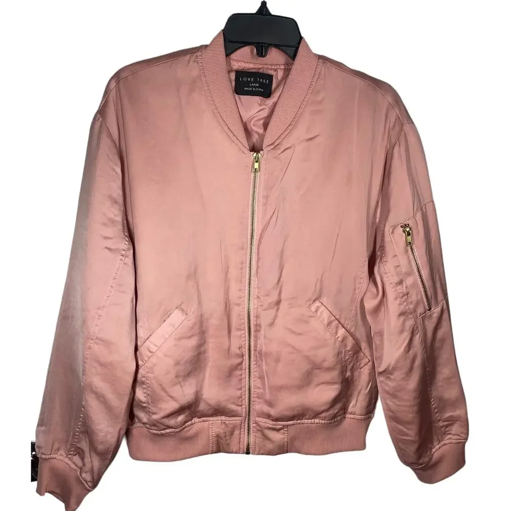 Love Tree Shiny Zip Up Bomber Jacket Pink Sheen Womens Size Large - Picture 3 of 15